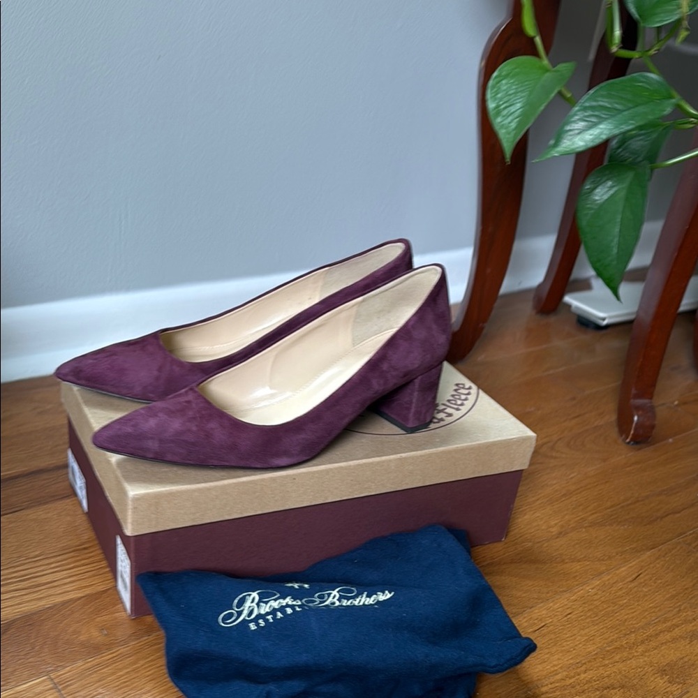 Brooks Brothers Plum Suede Pointed-Toe Block Heel Pumps